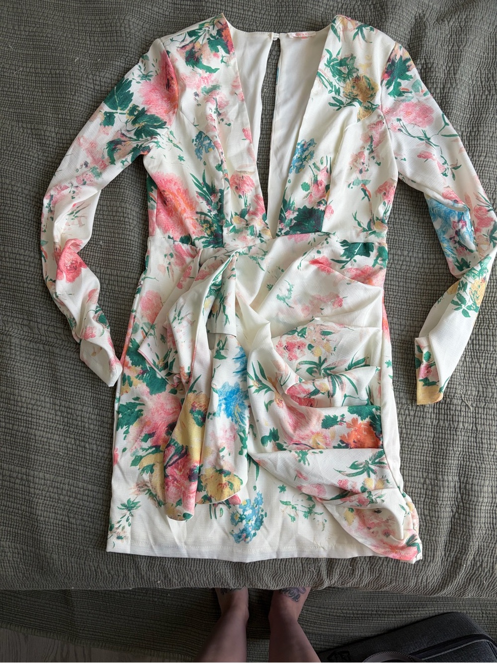 Vici White Floral Deep V Long Sleeve Dress with Pink and Green Accents